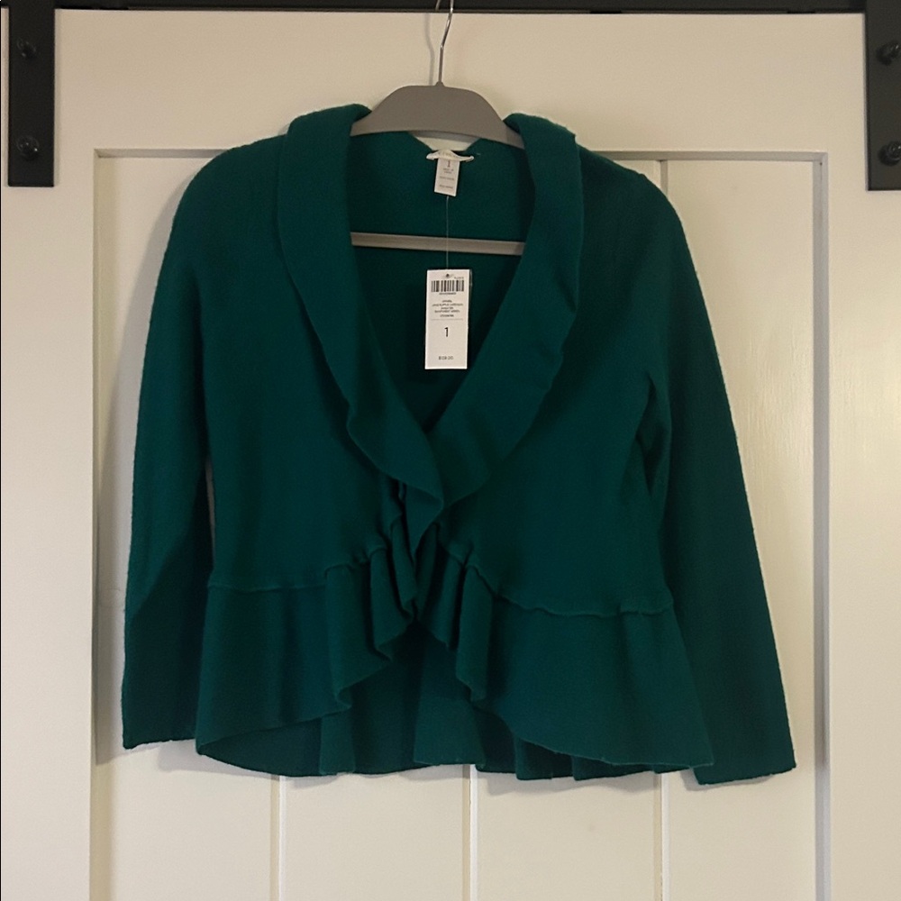 New Chico's Janis Ruffle Cardigan Sweater, Green, Chico sz 1 (US size M/8)